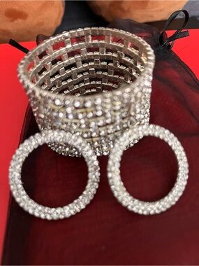 Stunning Rhinestone Statement Set – Wide Stretch Cuff Bracelet & Hoop Earrings